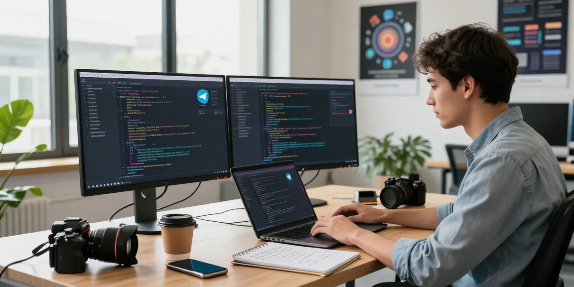 Developer coding Telegram download interface in modern office workspace.
