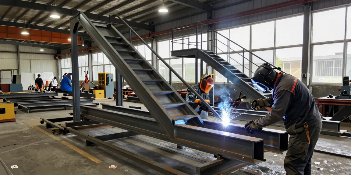 Professional team welding and inspecting custom projects at a commercial steel company.