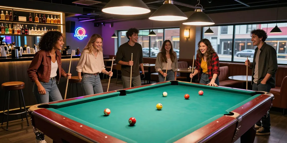 Billiards Mississauga friends enjoying a vibrant lounge atmosphere with pool table and craft drinks.