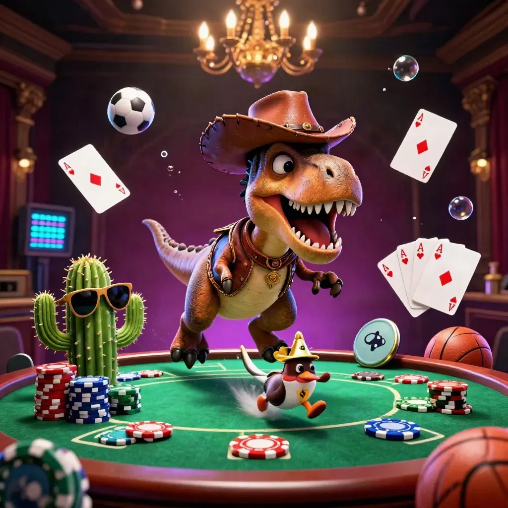 Cartoon cowboy T-Rex, cactus, and roadrunner burst through casino chips on a luxe poker table.