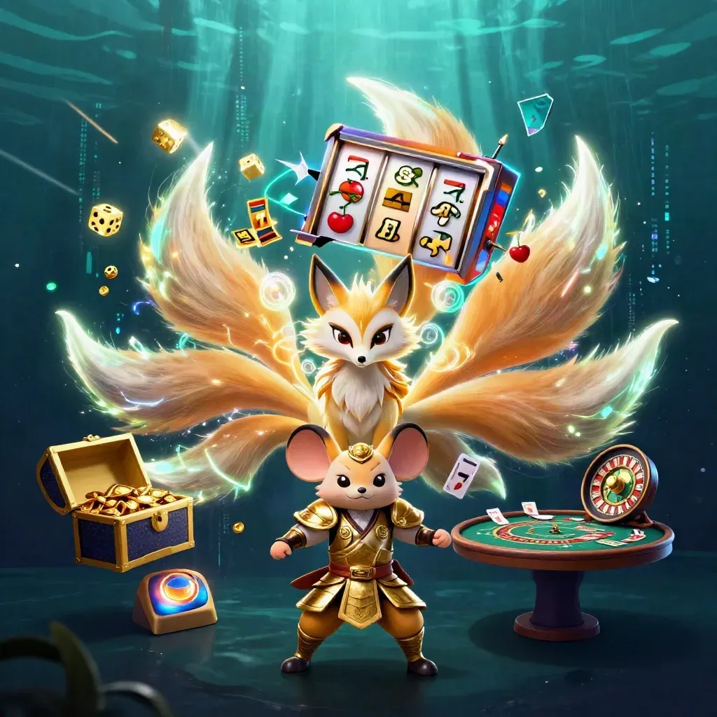 Nine-tailed fox spirit and armored mouse amid casino magic, gold, dice, and treasure.