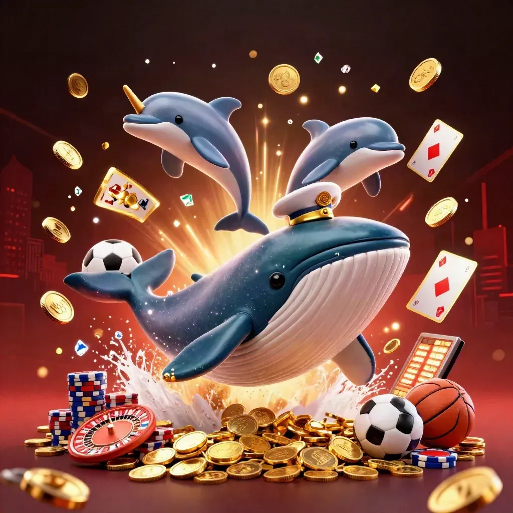 Cartoon whale captain, narwhal and dolphins amid coins, chips, roulette and sports balls.