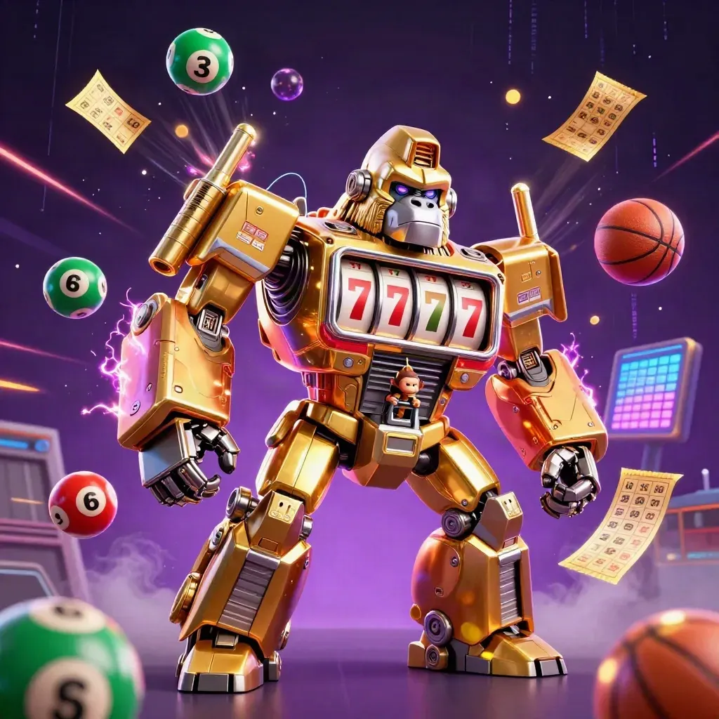 Golden gorilla mech, flying lottery balls, prize wheel, and neon casino energy on a dark purple backdrop.