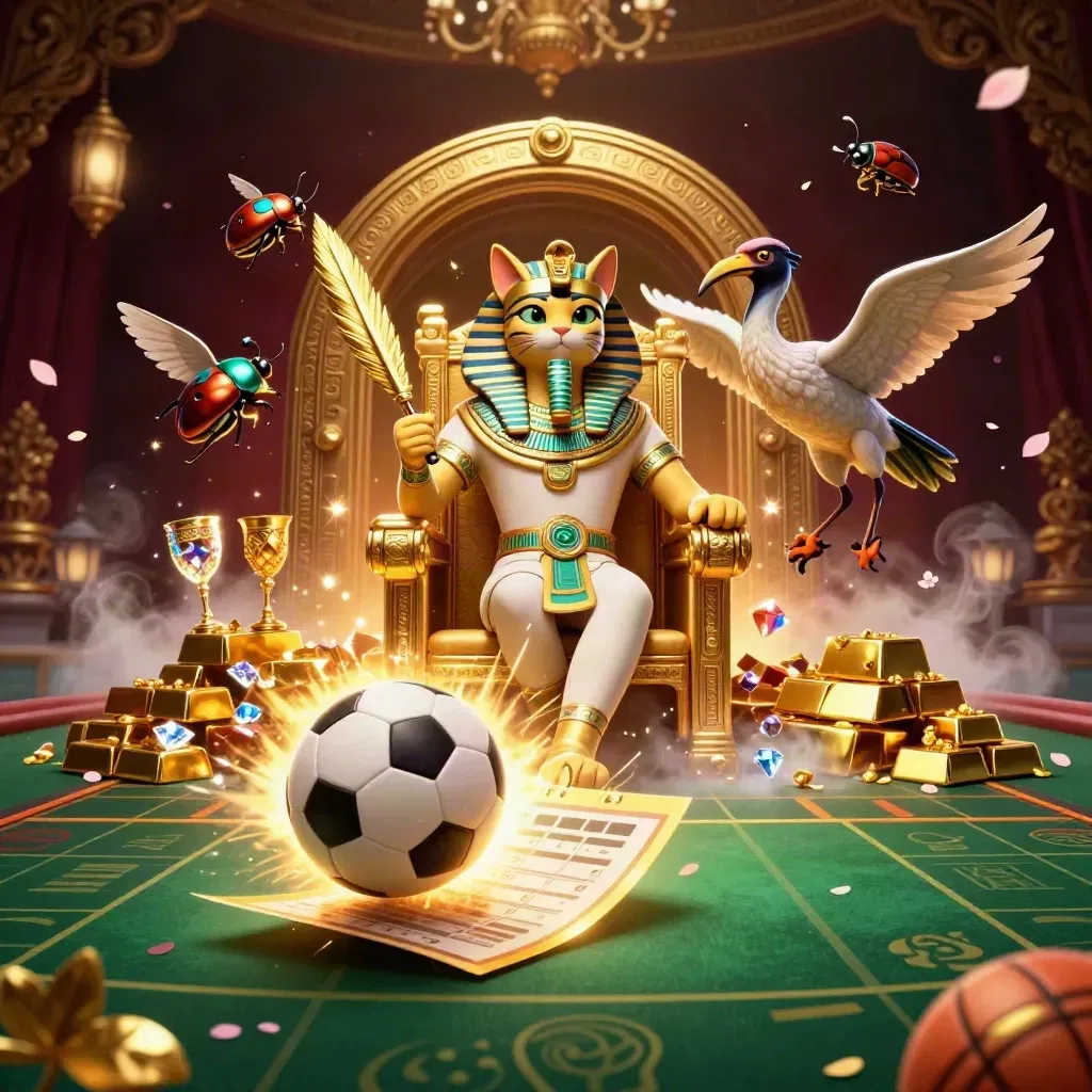 Pharaoh cat, ibis scribe, scarabs, and casino gold amid balls, gems, and vault light.