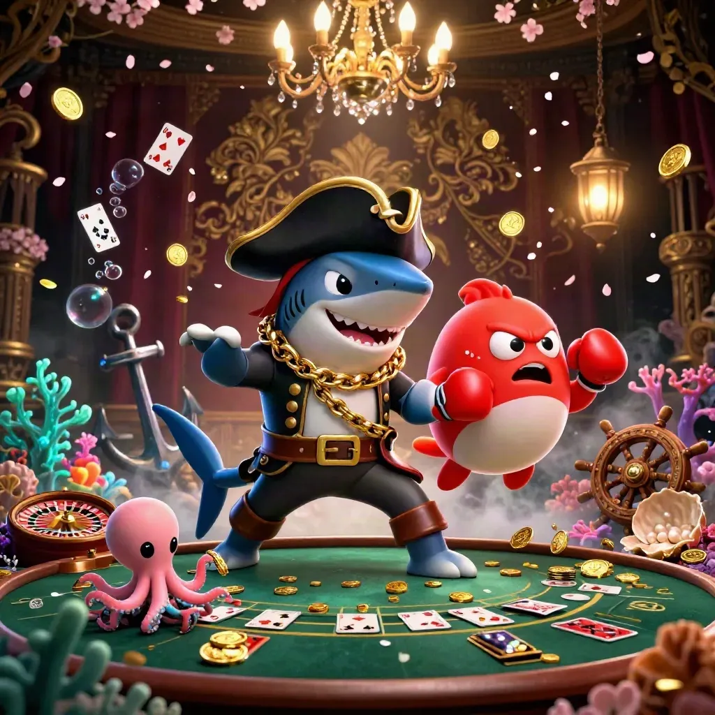 Pirate shark, boxing pufferfish, and coin-juggling octopus in a luxe casino treasure cove.