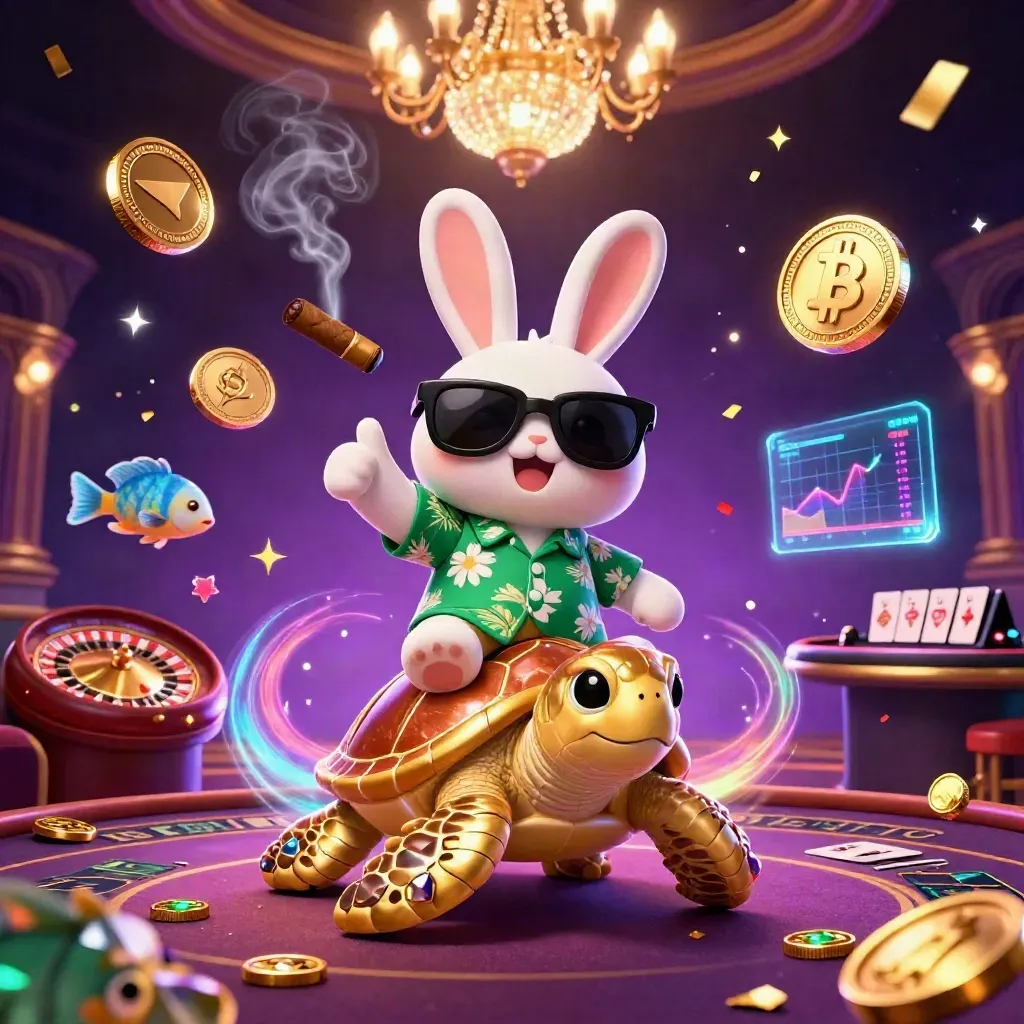 Lucky rabbit on a golden sea turtle amid casino magic, coins, charts, and fireworks.