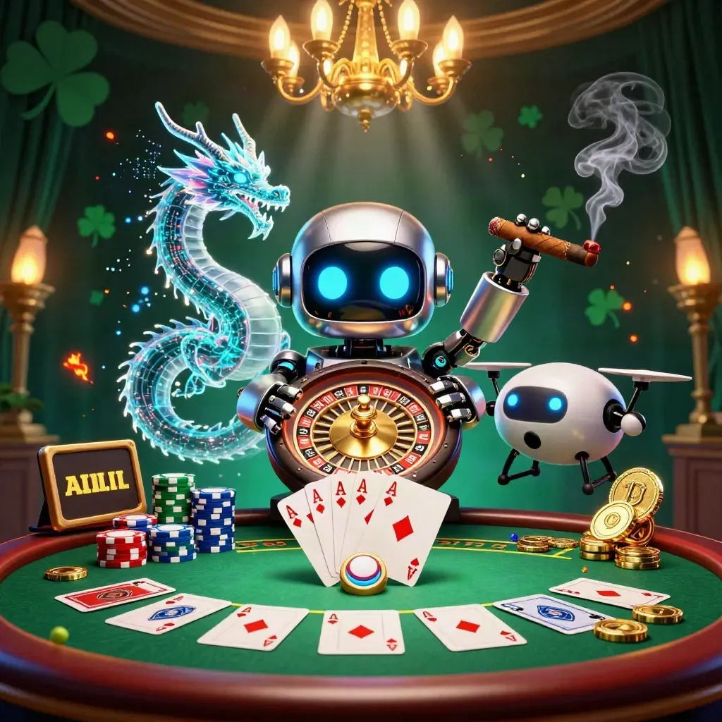 Cyberpunk robot, dragon, and drone in a luxe casino scene with chips, cards, and glowing lights.
