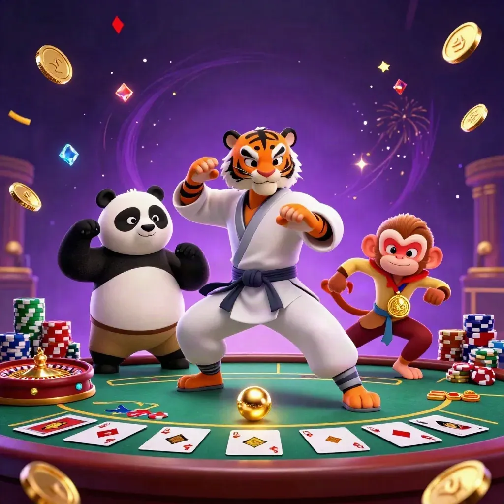 Tiger, panda, and monkey in a luxe casino fantasy with coins, chips, and a spinning wheel.
