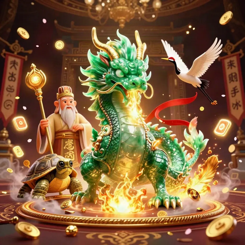 Emerald dragon, turtle sage, and ribbon cranes amid gold fire, coins, and a temple gate in luxe casino fantasy.