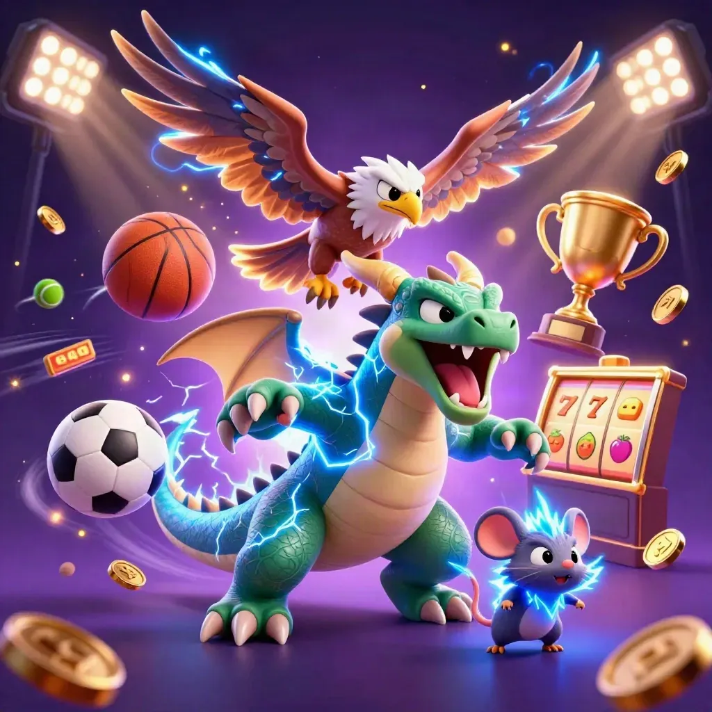Thunder dragon, glowing hawk and static mouse amid casino sports bursts and gold coins