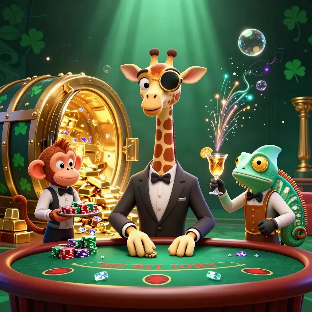 Giraffe, monkey, and chameleon in luxe casino action amid treasure, gems, and vault light.