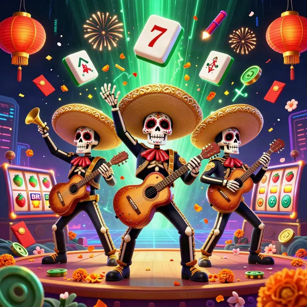 Skeleton mariachi trio amid neon emerald casino treasures, lanterns, coins and fireworks