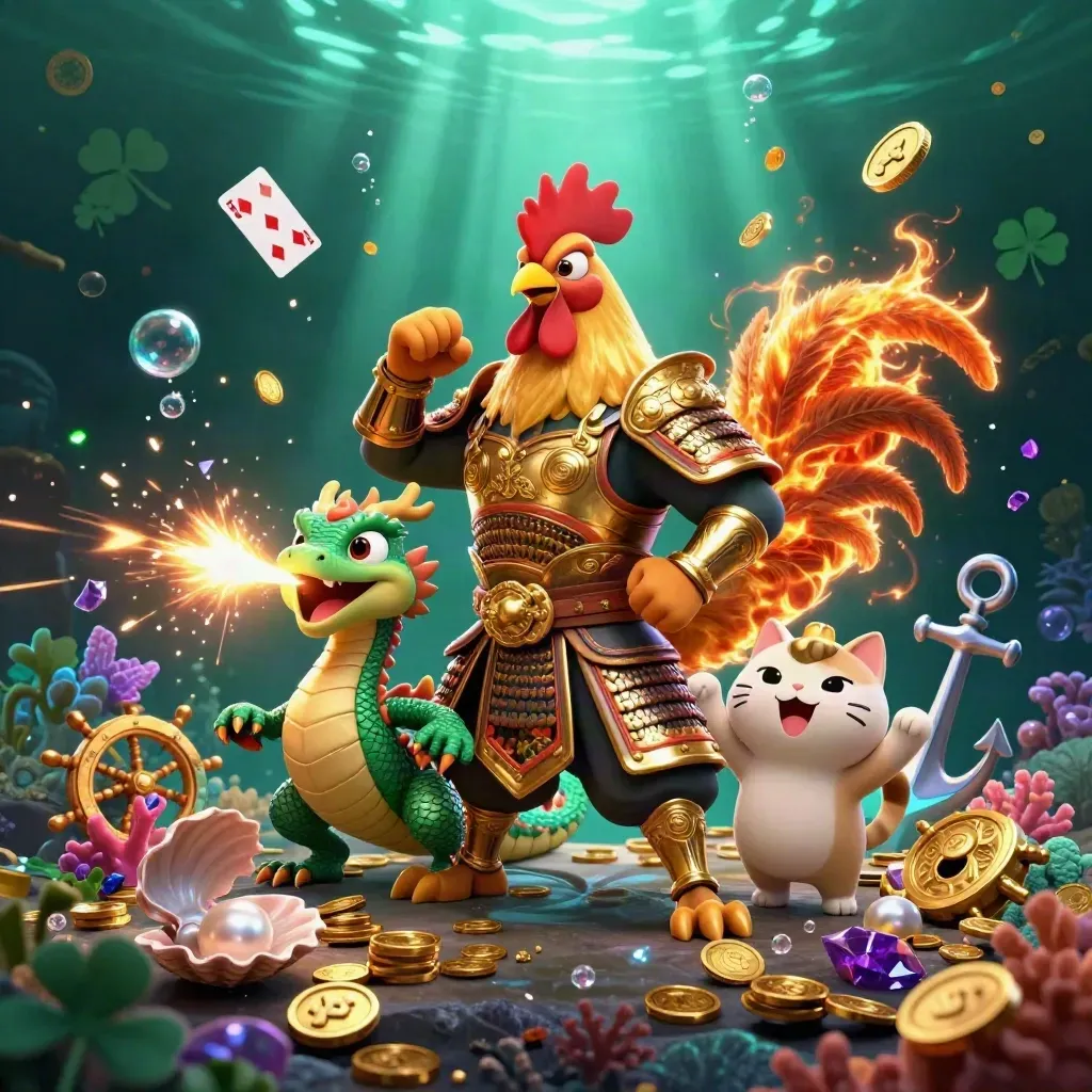 Rooster warrior, dragon hatchling, and fortune cat burst through an underwater treasure cove.