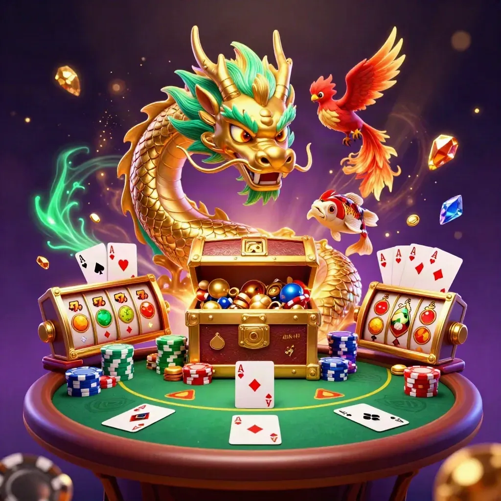 Golden dragon with phoenix and koi, casino props, treasure and emerald magic bursting on a dark luxe background