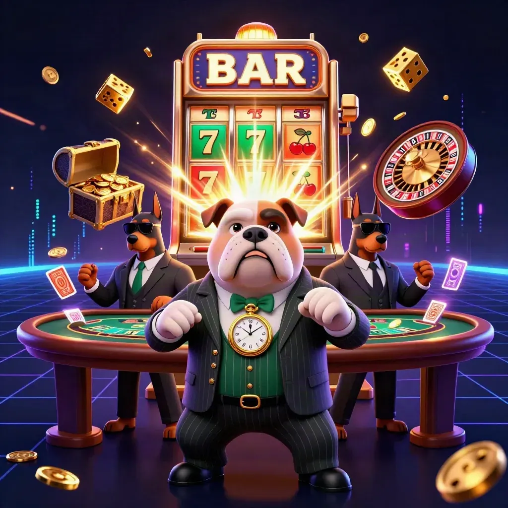Bulldog boss and Dobermans amid exploding slots, coins, and casino lights