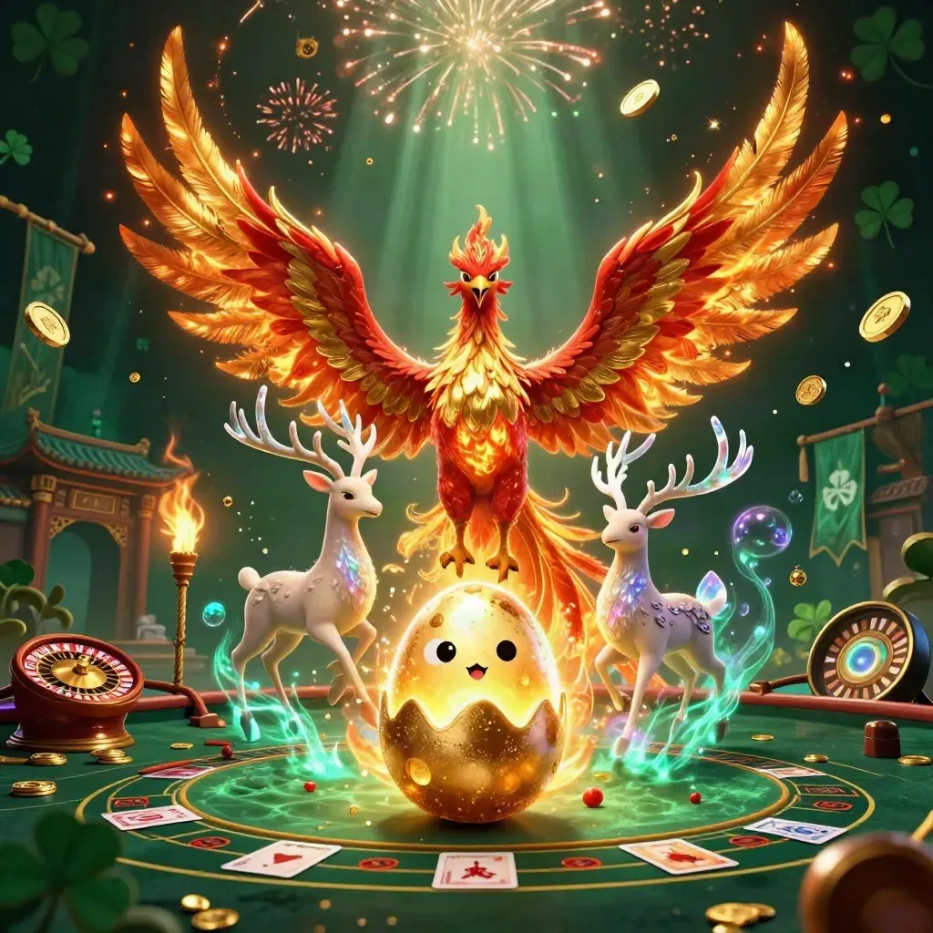 Phoenix, baby phoenix, and crystal stag amid casino gold, coins, temple gate, and glowing fire effects.