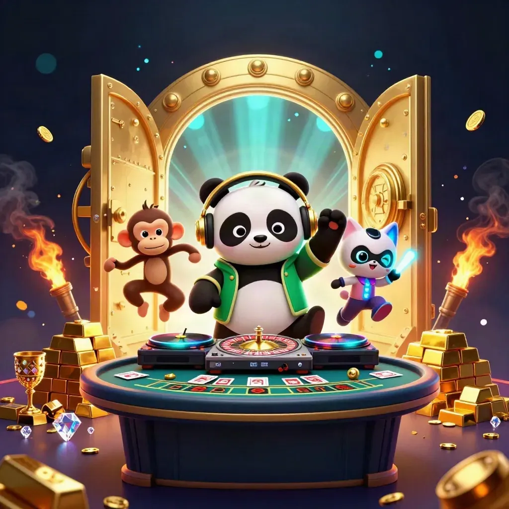DJ panda, breakdancing monkey, and glow-stick kitten burst from a gold vault in casino lights