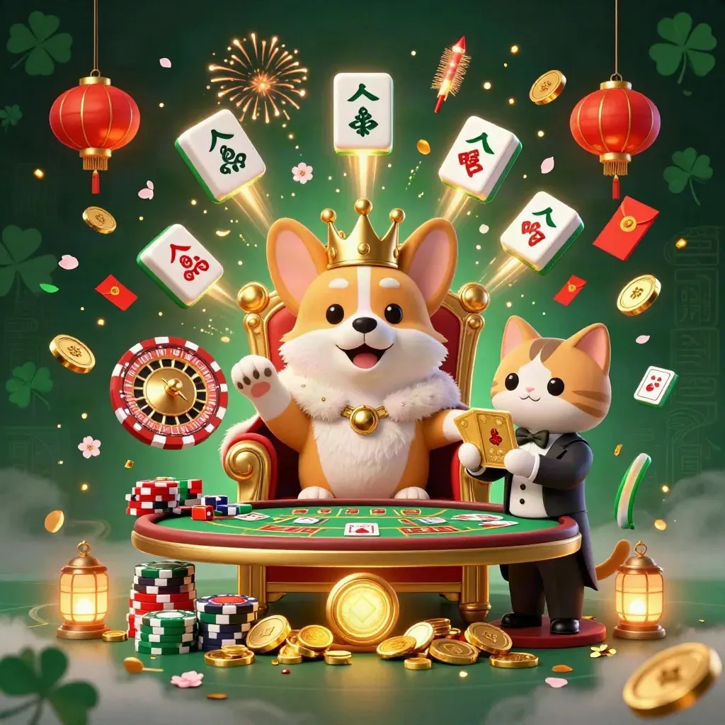Crowned corgi king and cat butler amid casino coins, lanterns, fireworks and jade glow.