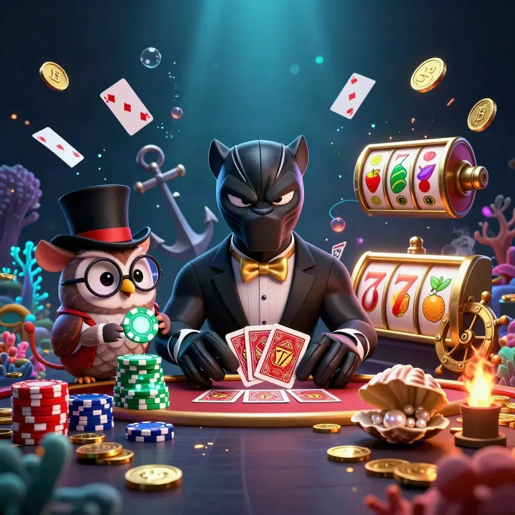 Panther, owl, and mouse amid casino treasure, coins, coral, reels, and glowing particles.