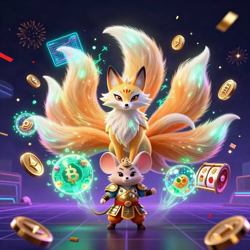 Nine-tailed fox spirit and armored mouse amid casino coins, reels, lightning, and neon energy.