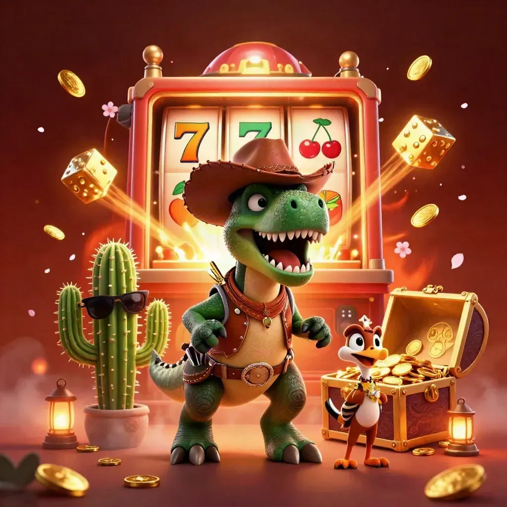 Cowboy T-Rex, cactus sidekick, and sheriff roadrunner amid exploding slot reels and gold