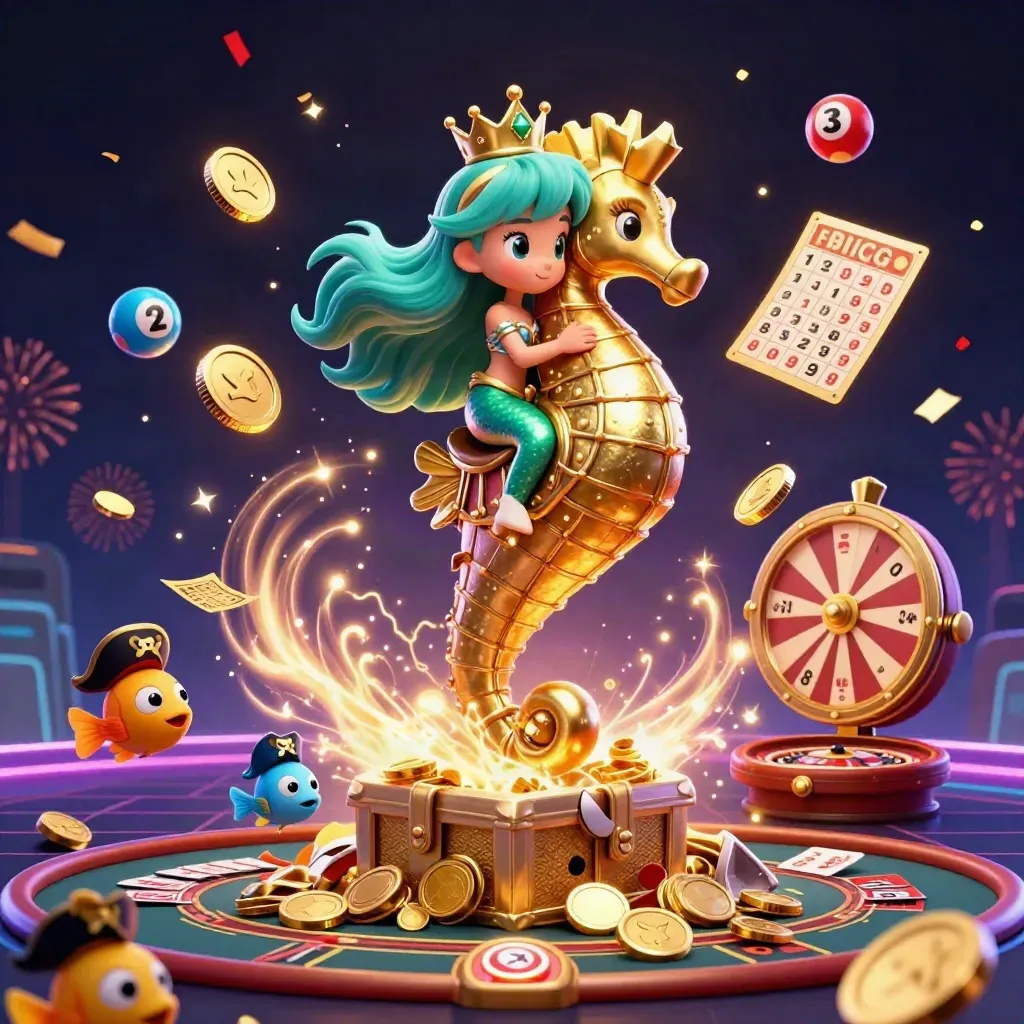 Mermaid princess on a gold seahorse amid coins, fireworks, casino wheels, and pirate fish.