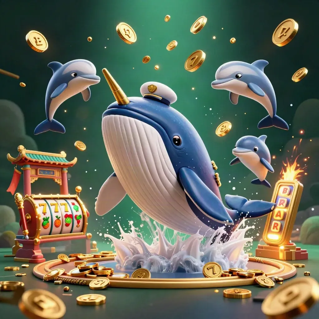Captain whale, narwhal, and chip-tricking dolphins erupt through coins with luxe casino effects.