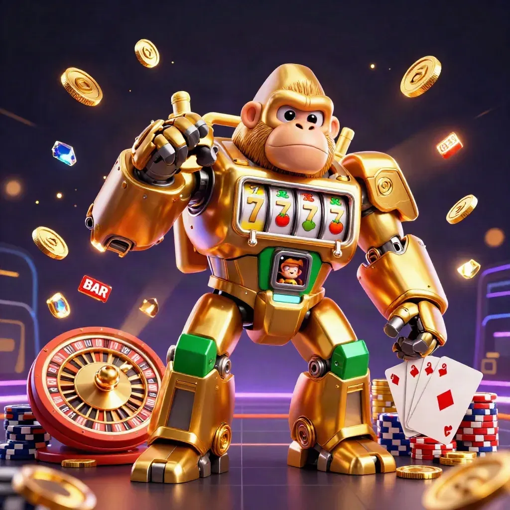 Golden gorilla mech casino hero with coins, reels, roulette wheel, chips, and a tiny monkey pilot.